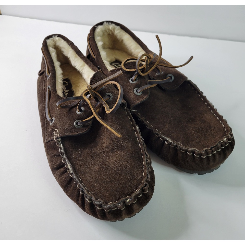 Clarks Womens Suede Moccasin Slippers Brown‎ Faux Fur Lined 26107997 Size 8 W